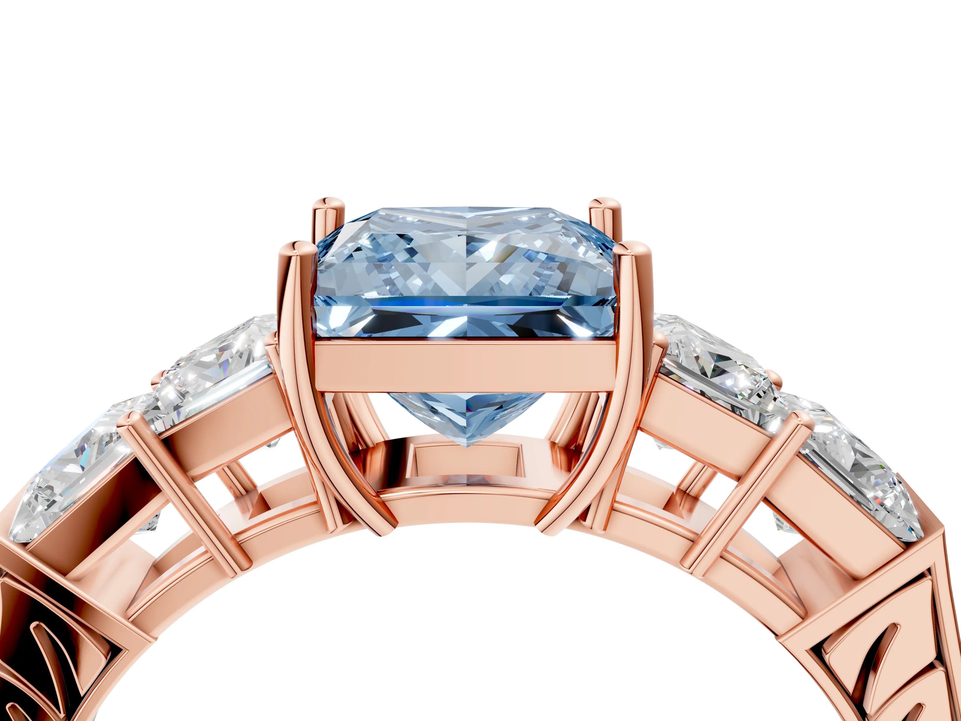 Rose gold Fancy Blue Princess Cut Solitaire Princess Side Stone Engraved Band Prong Setting Ring_4
