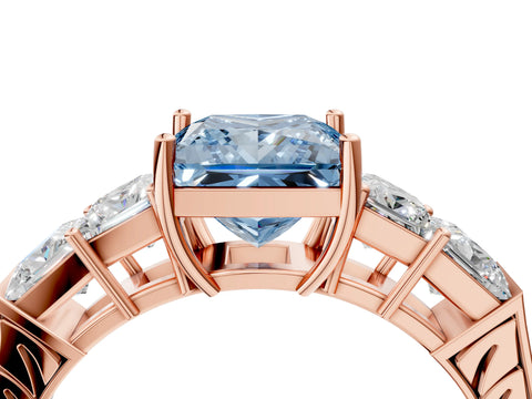 Rose gold Fancy Blue Princess Cut Solitaire Princess Side Stone Engraved Band Prong Setting Ring_4