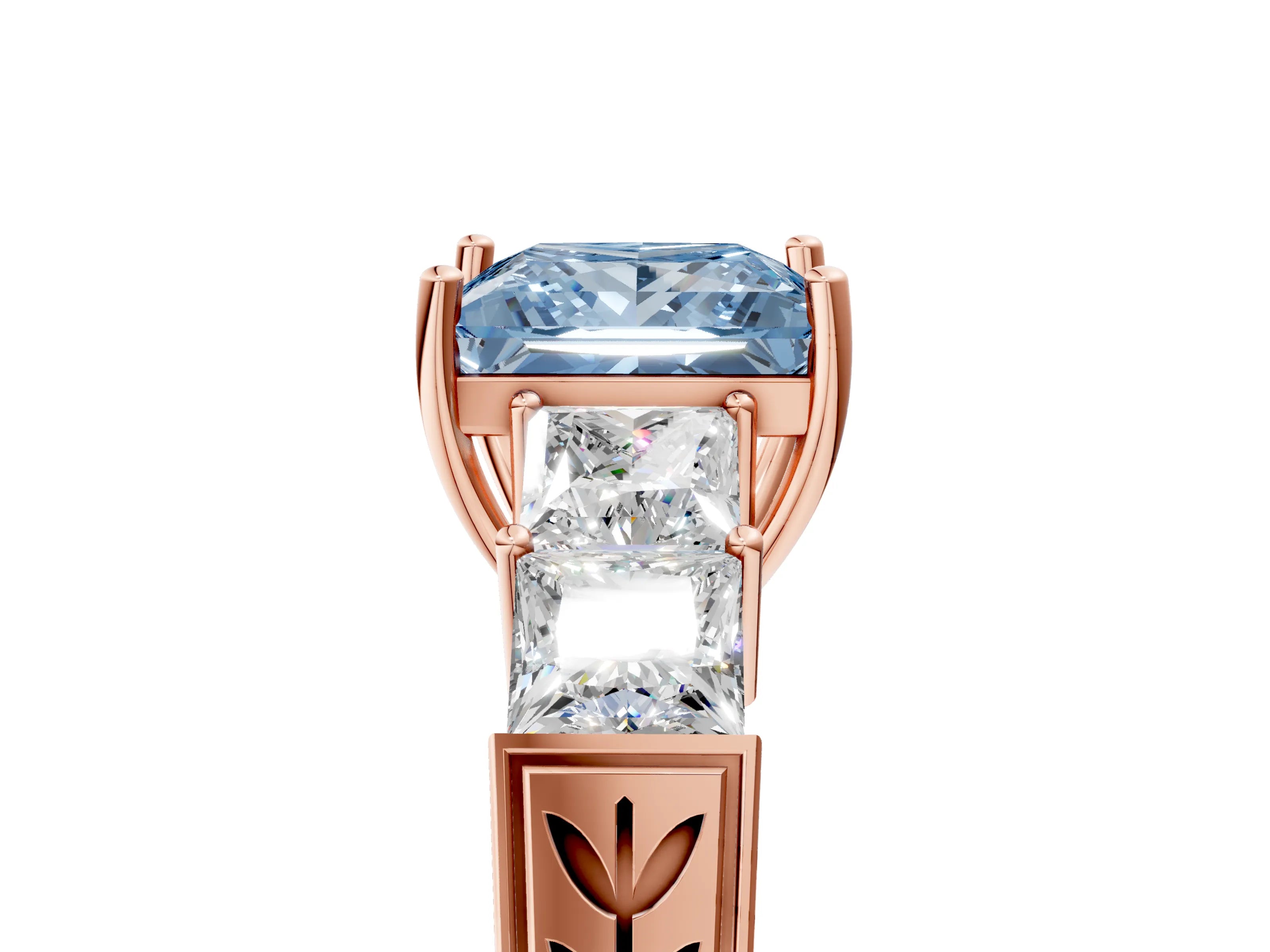 Rose gold Fancy Blue Princess Cut Solitaire Princess Side Stone Engraved Band Prong Setting Ring_5
