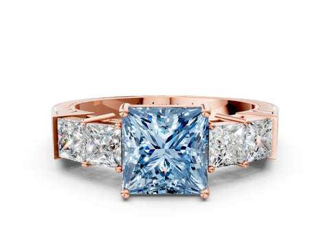 Rose gold Fancy Blue Princess Cut Solitaire Princess Side Stone Engraved Band Prong Setting Ring