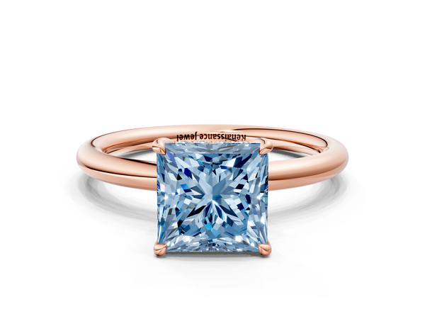 Rose gold Fancy Blue Princess Cut Diamond Solitaire Ring with Thin Band and Four-Prong Setting