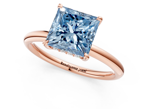 Rose gold Fancy Blue Princess Cut Diamond Solitaire Ring with Thin Band and Four-Prong Setting