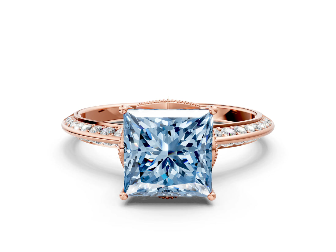 Rose gold Fancy Blue Princess Cut Solitaire Split Shank Pave Diamond Engagement Ring with Four-Prong Setting_36