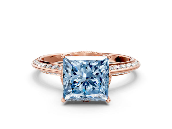 Rose Gold Princess Cut Graduated Pave Engagement Ring Setting for Fancy Blue Center