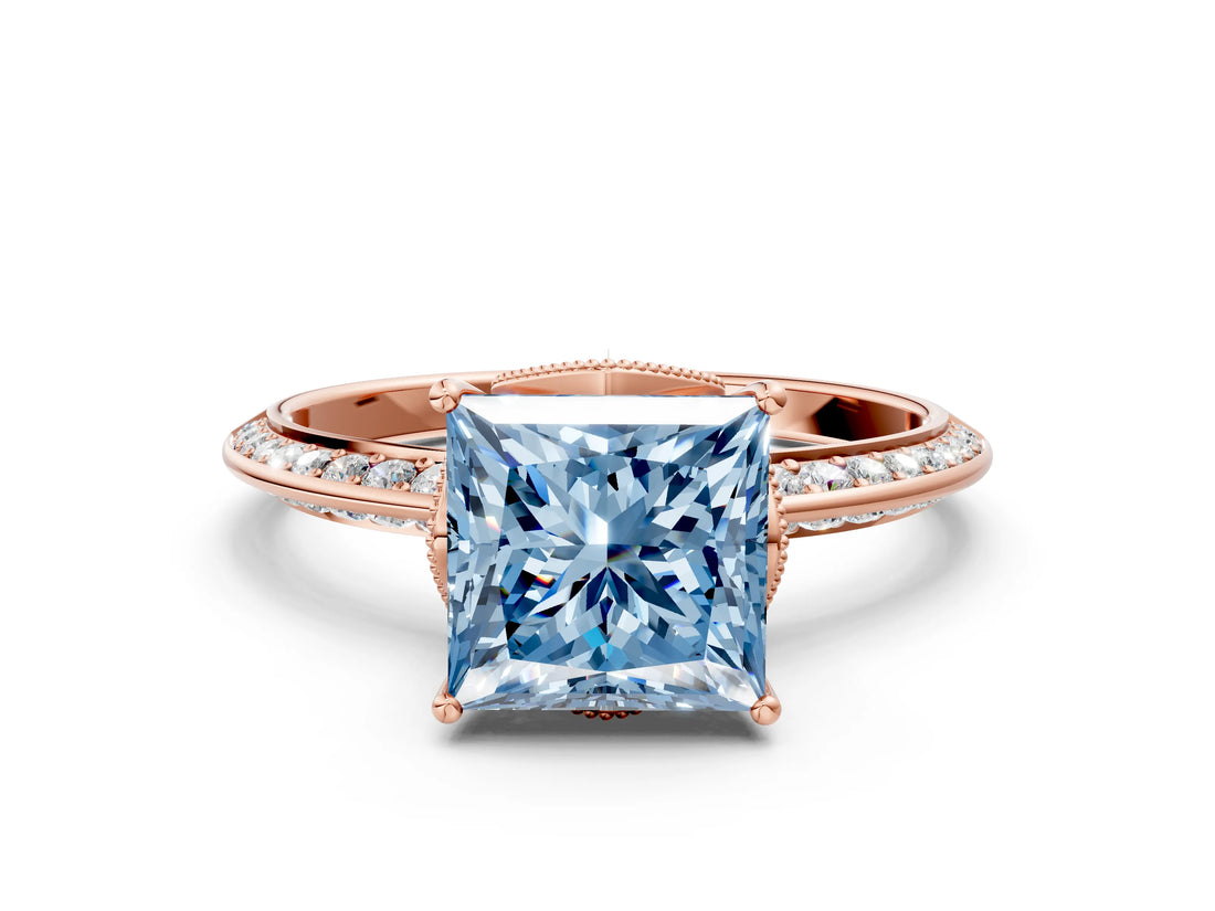 Rose gold Fancy Blue Princess Cut Solitaire Split Shank Pave Diamond Engagement Ring with Four-Prong Setting_6