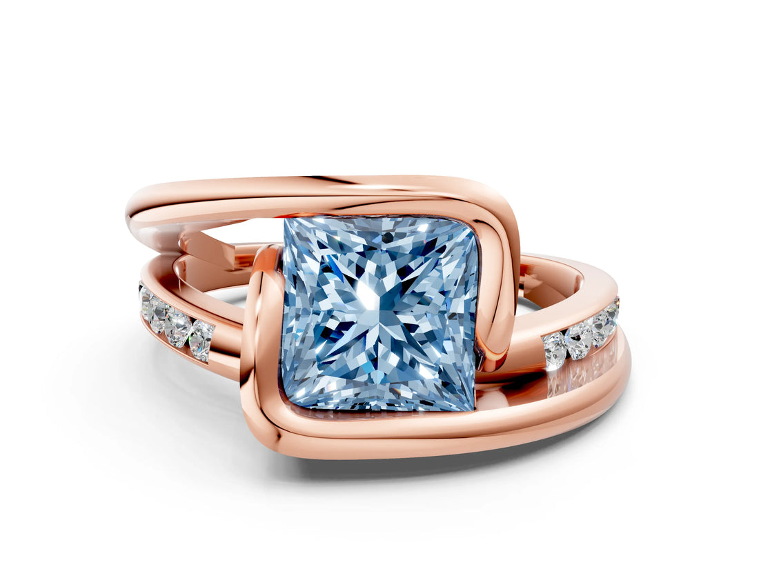 Rose gold Fancy Blue Princess Cut Solitaire Tension-Set Diamond Split Shank Ring