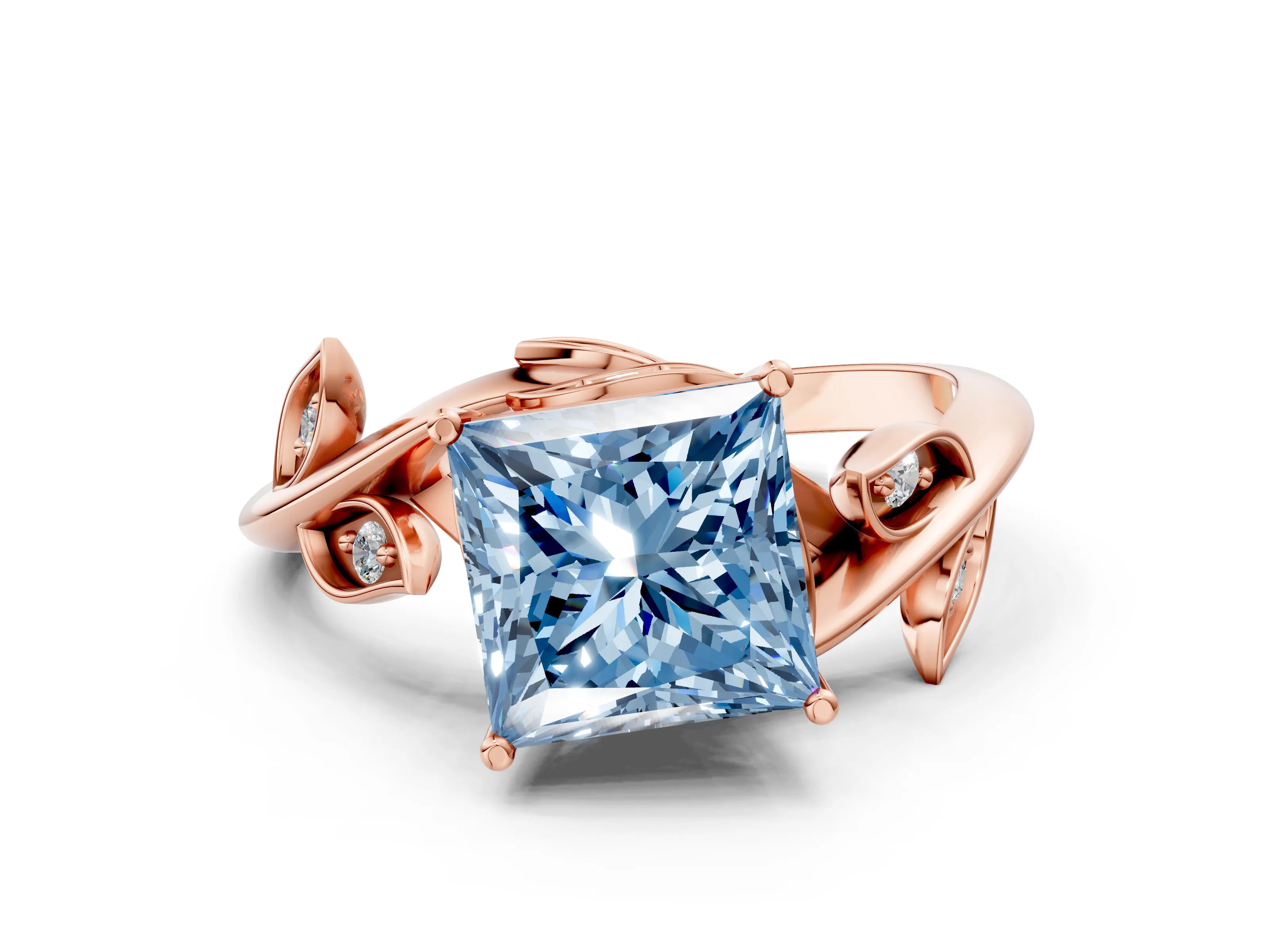 Rose gold Fancy Blue Princess Cut Solitaire Twist Engagement Ring with Leaf Accents and Prong Setting_13