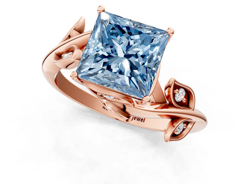 Rose gold Fancy Blue Princess Cut Solitaire Twist Engagement Ring with Leaf Accents and Prong Setting_14