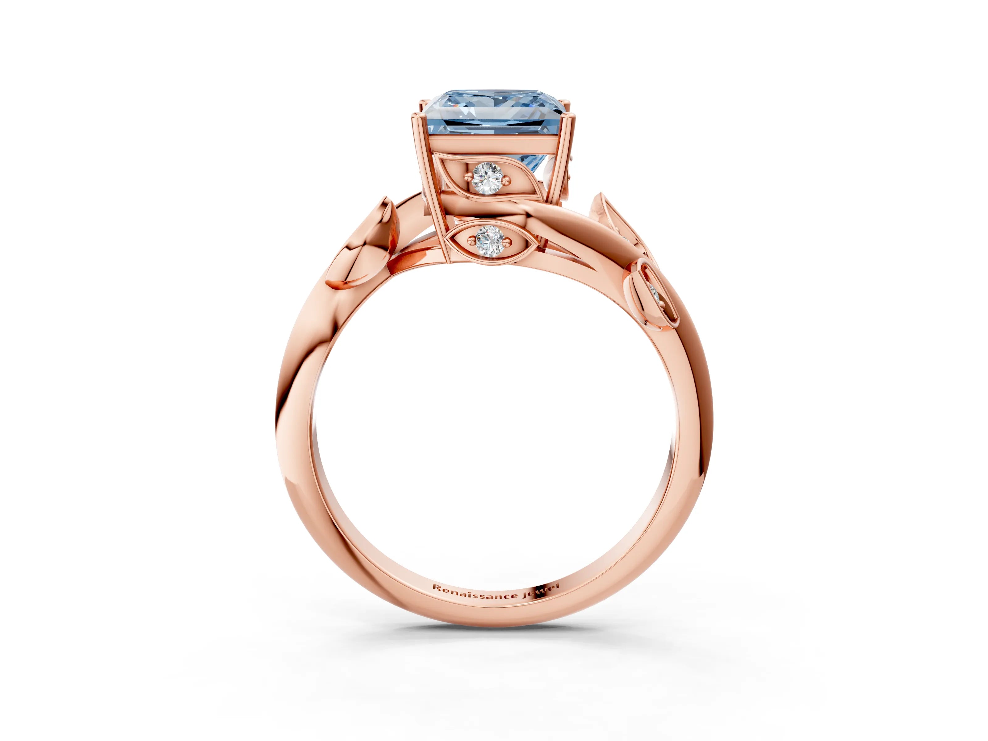 Rose gold Fancy Blue Princess Cut Solitaire Twist Engagement Ring with Leaf Accents and Prong Setting_16