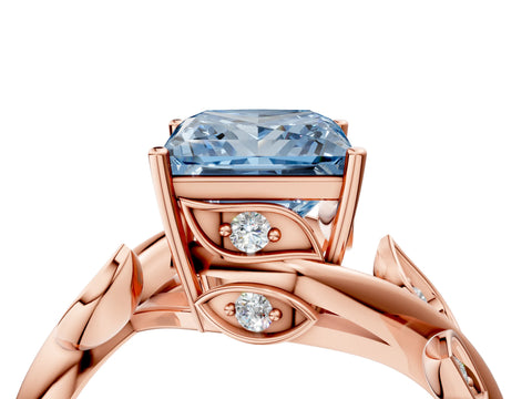 Rose gold Fancy Blue Princess Cut Solitaire Twist Engagement Ring with Leaf Accents and Prong Setting_17
