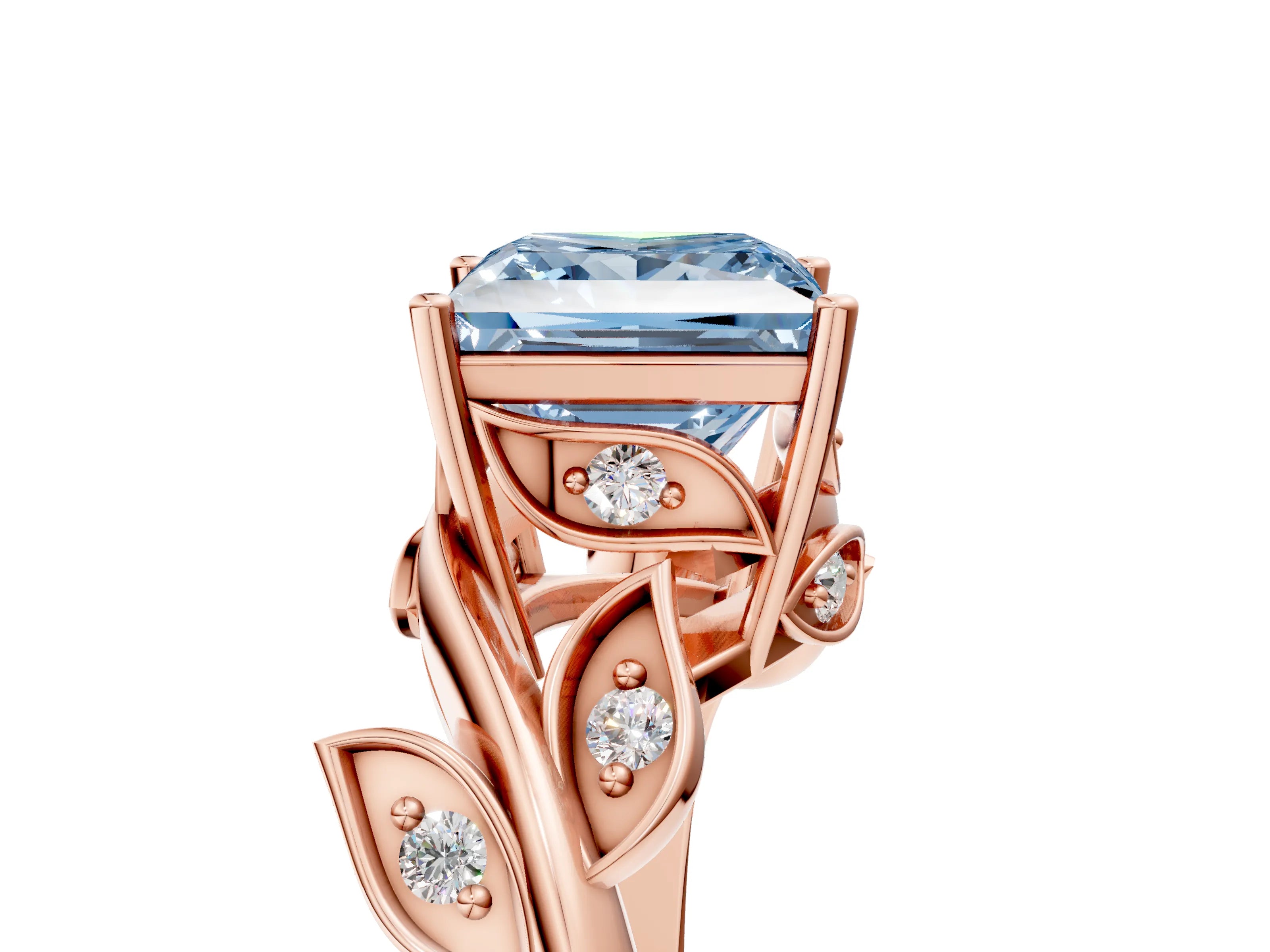Rose gold Fancy Blue Princess Cut Solitaire Twist Engagement Ring with Leaf Accents and Prong Setting_18