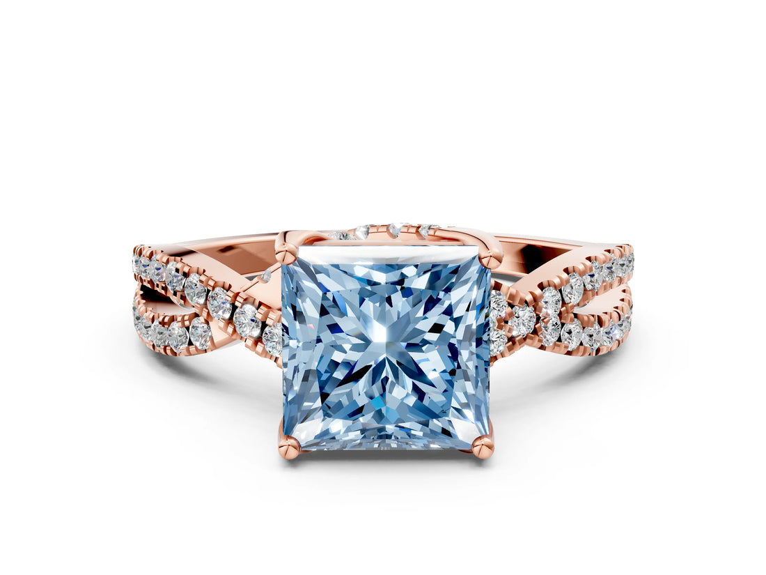 Rose gold Fancy Blue Princess Cut Solitaire Twist Pave Diamond Engagement Ring with Prong Setting