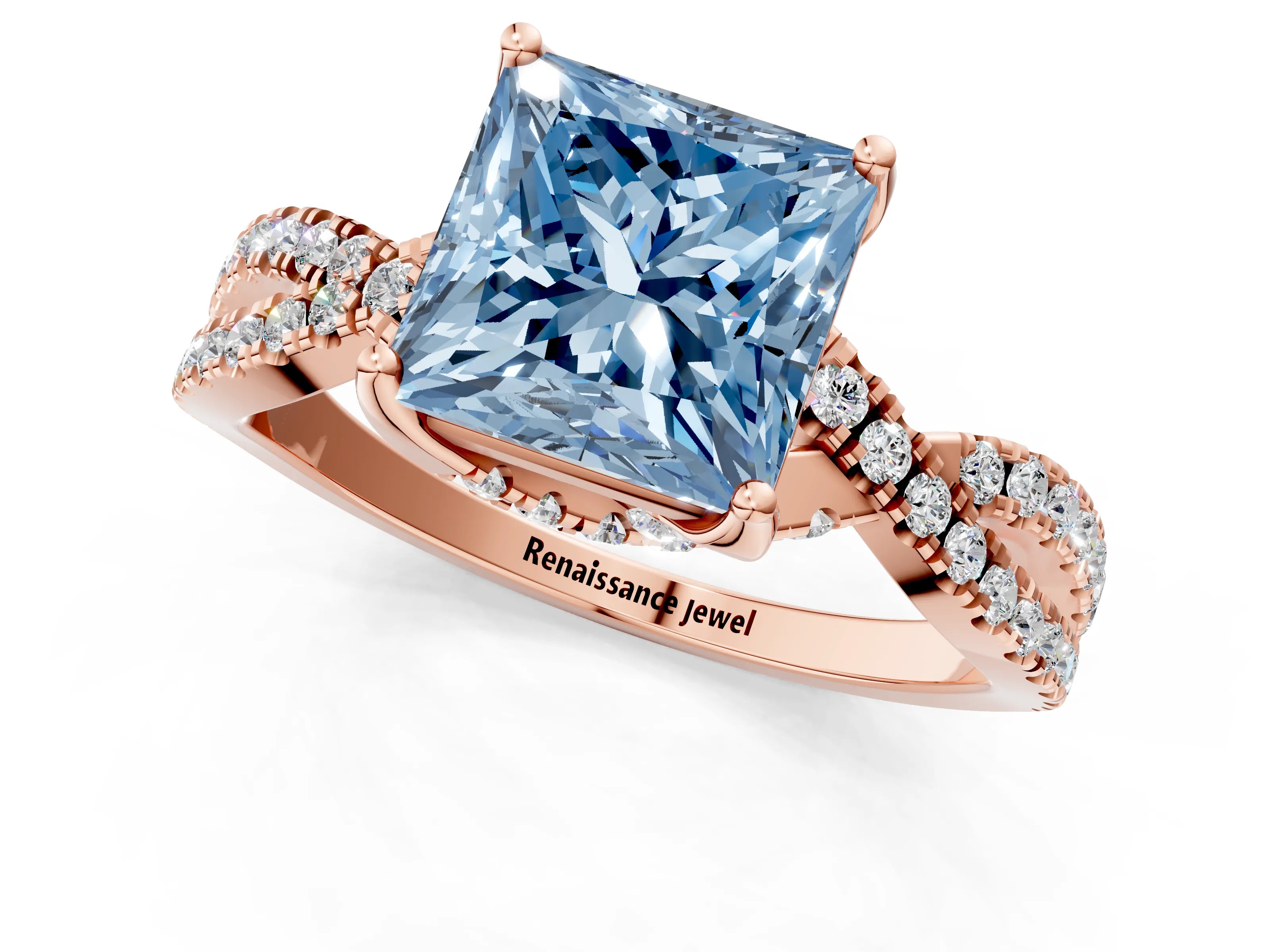 Rose gold Fancy Blue Princess Cut Solitaire Twist Pave Diamond Engagement Ring with Prong Setting_1