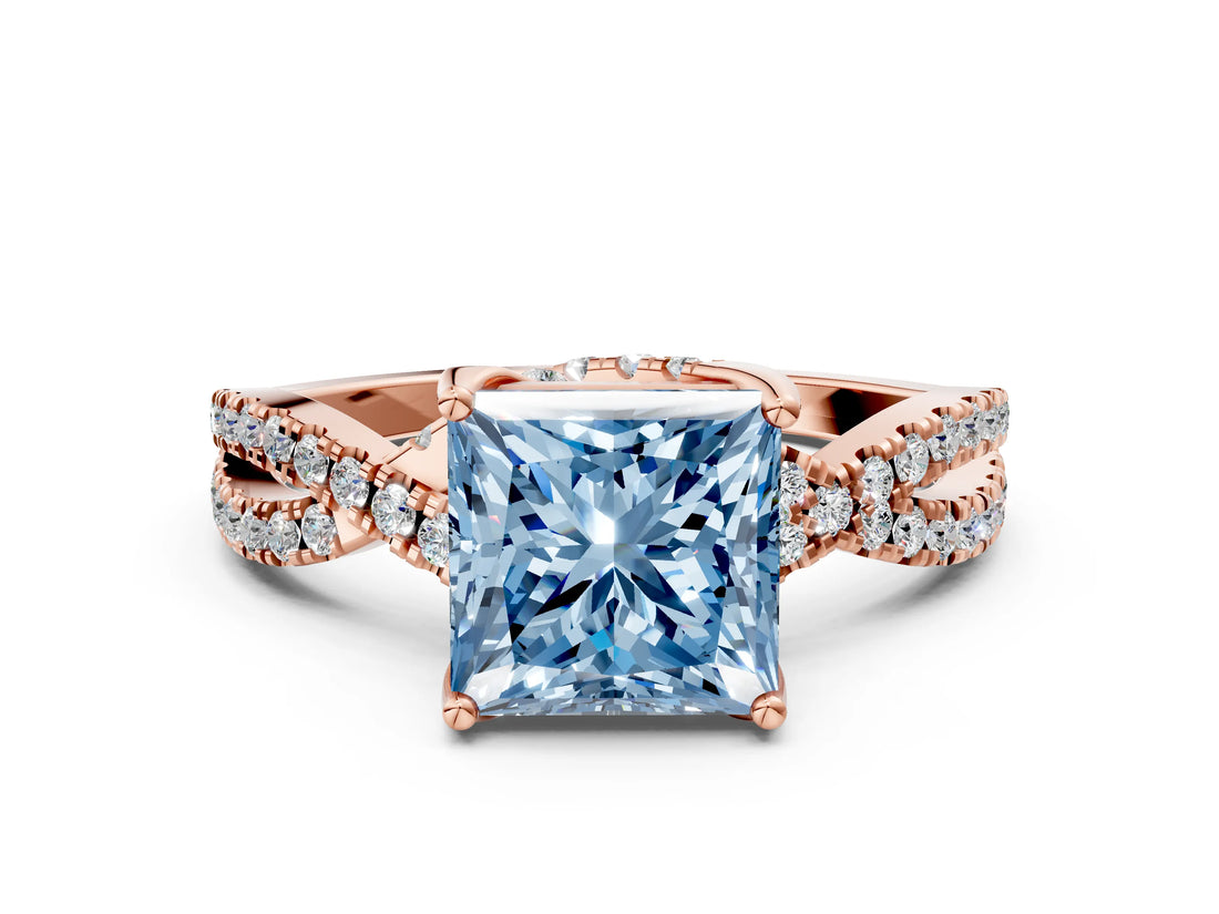 Rose gold Fancy Blue Princess Cut Solitaire Twist Pave Diamond Engagement Ring with Prong Setting_24