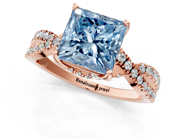 Rose Gold Princess Cut Twisted Split Shank Engagement Ring Setting for Fancy Blue Center