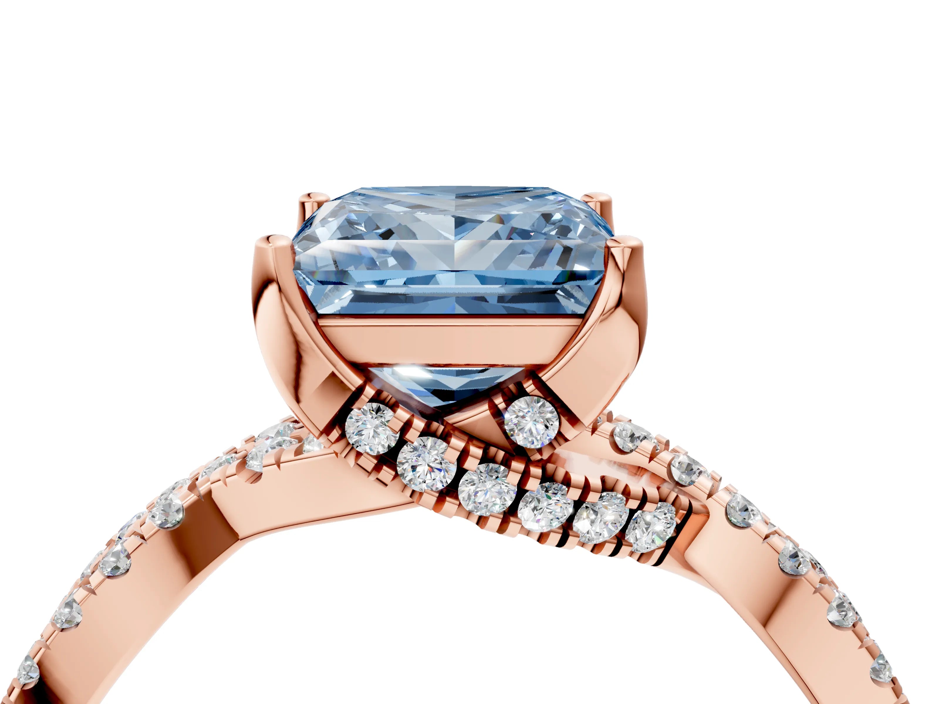 Rose gold Fancy Blue Princess Cut Solitaire Twist Pave Diamond Engagement Ring with Prong Setting_4