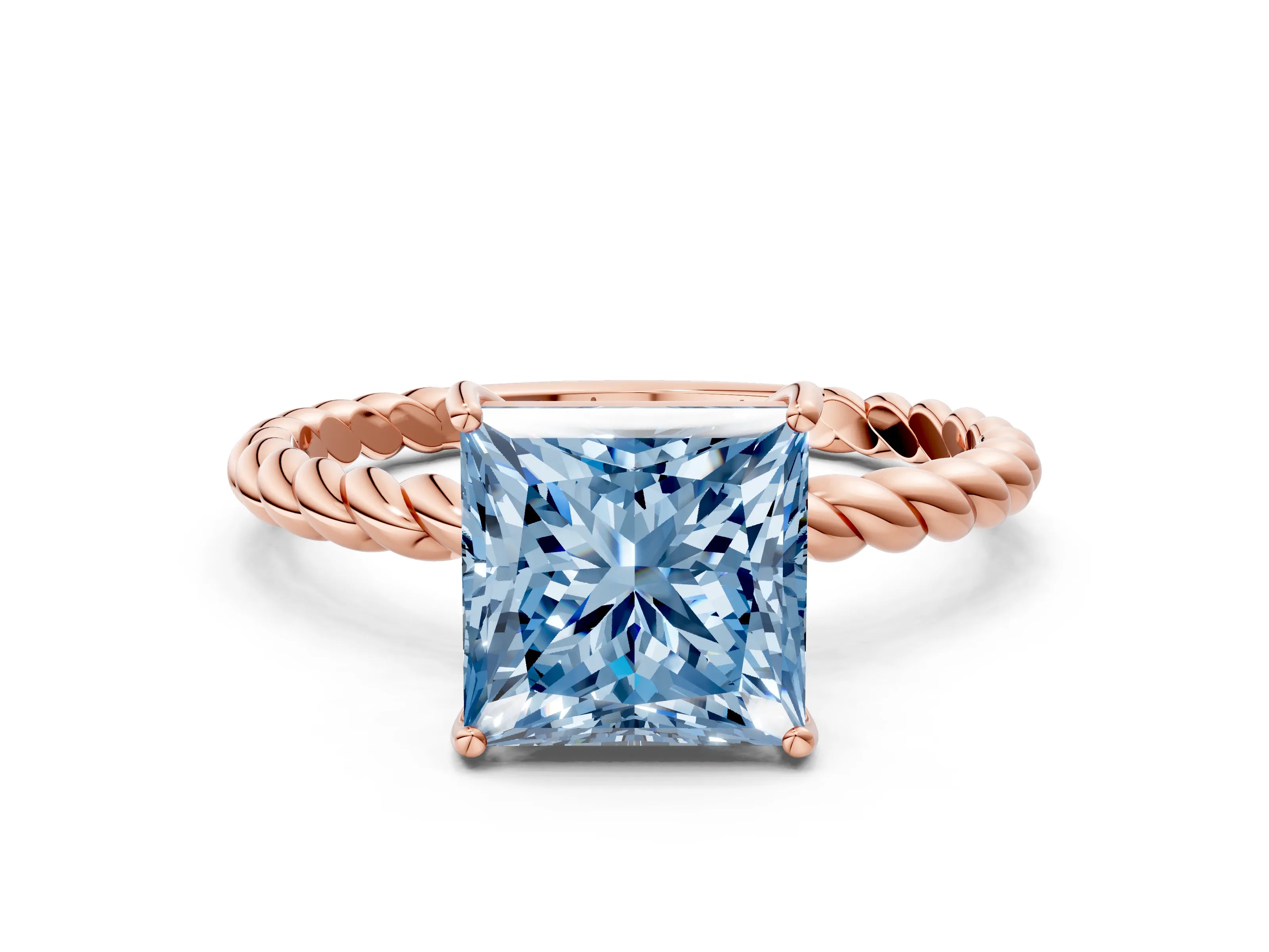 Rose gold Fancy Blue Princess Cut Solitaire Twisted Band 4-Prong Ring