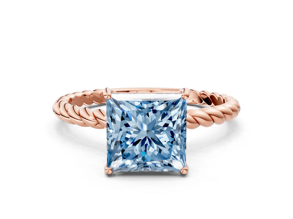 Rose gold Fancy Blue Princess Cut Solitaire Twisted Band 4-Prong Ring