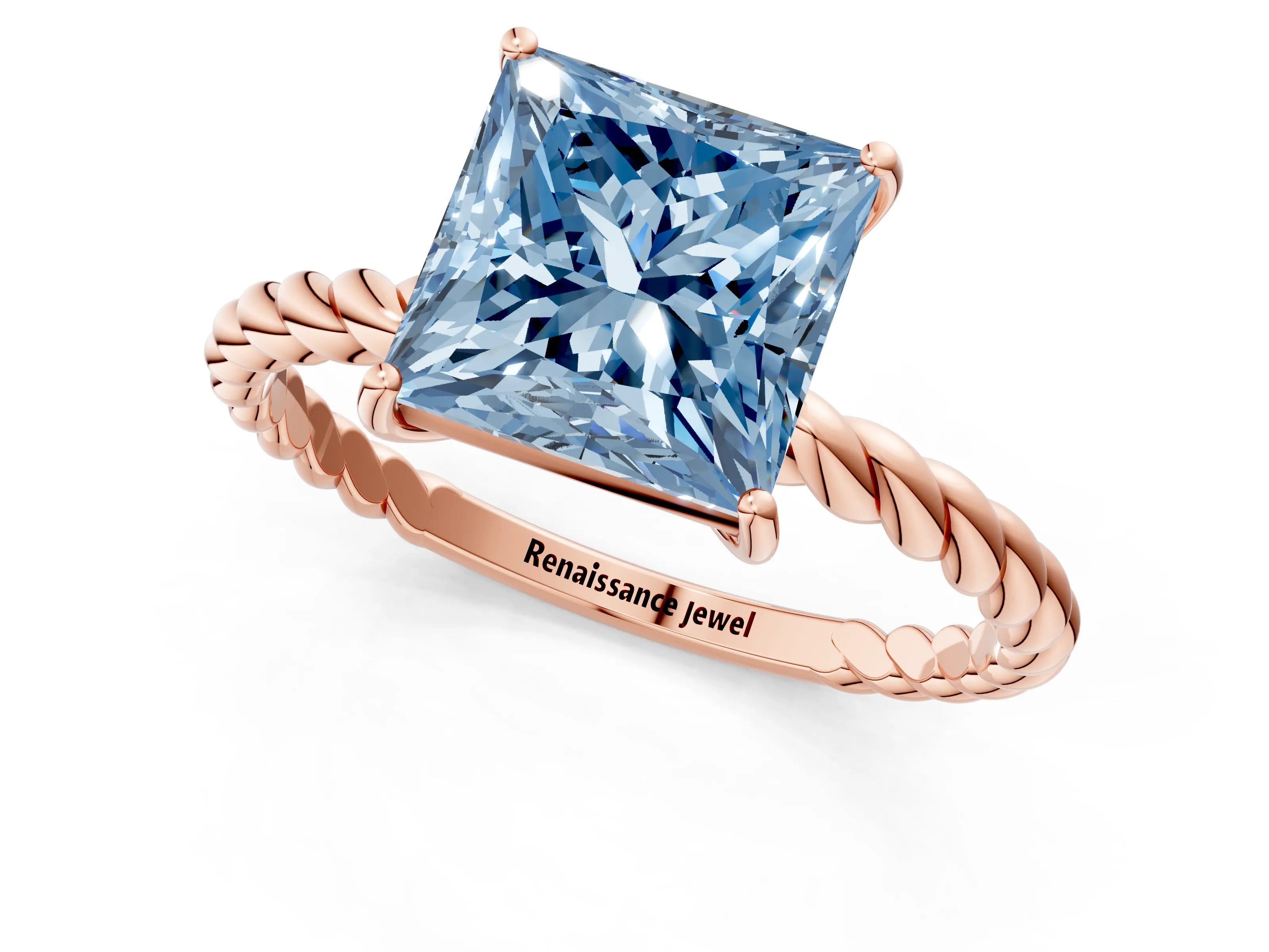 Rose gold Fancy Blue Princess Cut Solitaire Twisted Band 4-Prong Ring_1