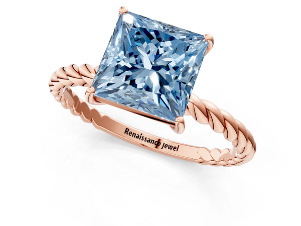 Rose gold Fancy Blue Princess Cut Solitaire Twisted Band 4-Prong Ring