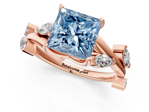 Rose gold Fancy Blue Princess Cut Solitaire Twisted Band Marquise Accent Prong Setting Ring_1