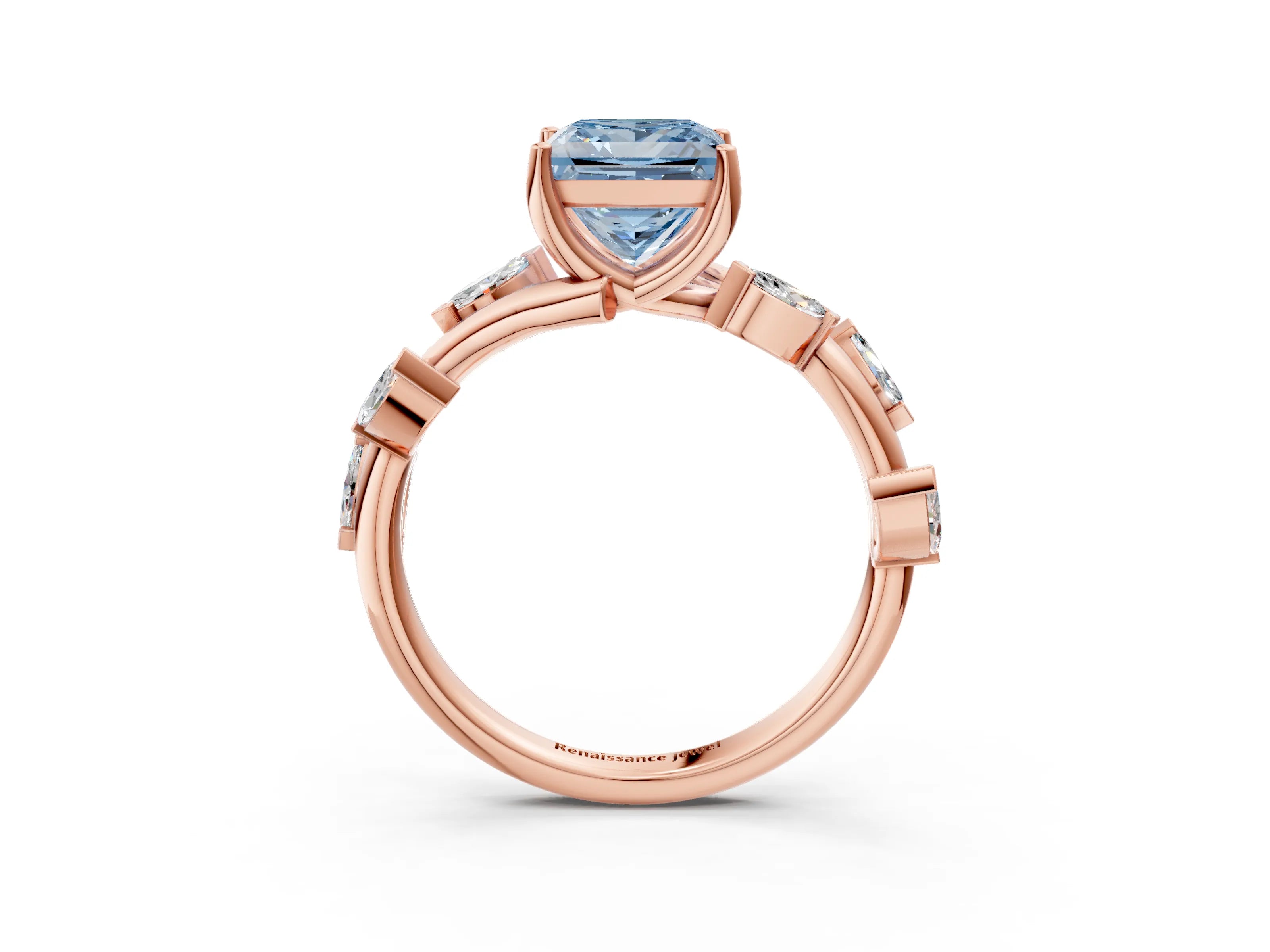 Rose gold Fancy Blue Princess Cut Solitaire Twisted Band Marquise Accent Prong Setting Ring_3