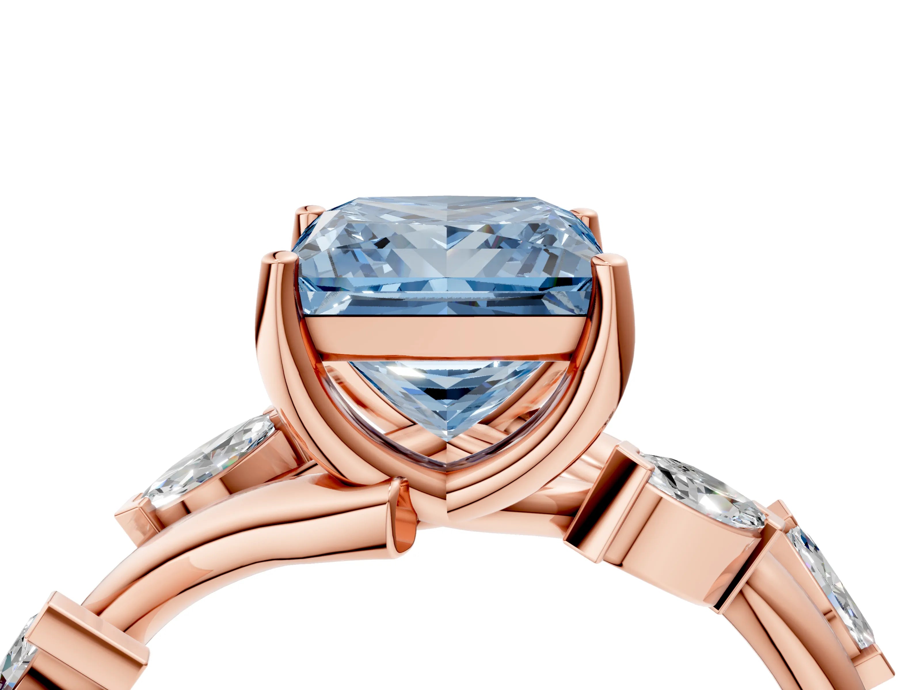 Rose gold Fancy Blue Princess Cut Solitaire Twisted Band Marquise Accent Prong Setting Ring_4
