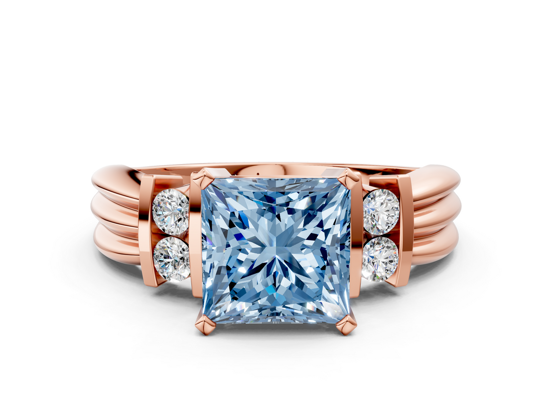 Rose gold Fancy Blue Princess  Cut Three-Stone Channel Set Ring with Bar Prongs_45