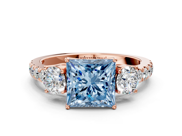 Rose gold Fancy Blue Princess  Cut Diamond Three-Stone Ring with Round Side Stones and Pavé Band