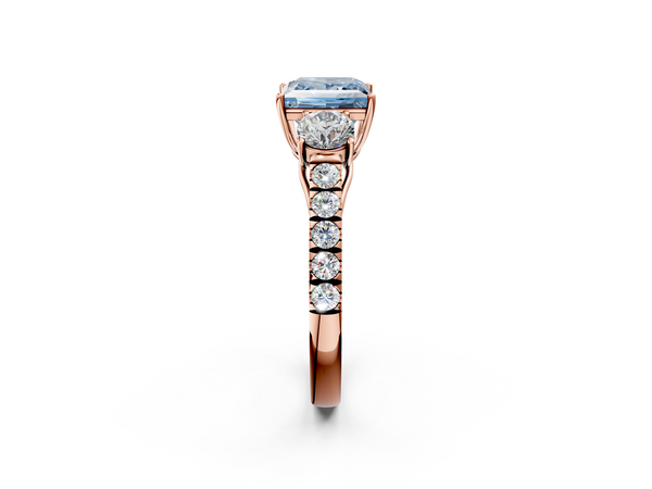 Rose gold Fancy Blue Princess  Cut Diamond Three-Stone Ring with Round Side Stones and Pavé Band