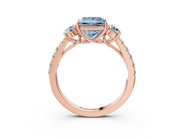 Rose gold Fancy Blue Princess  Cut Diamond Three-Stone Ring with Round Side Stones and Pavé Band