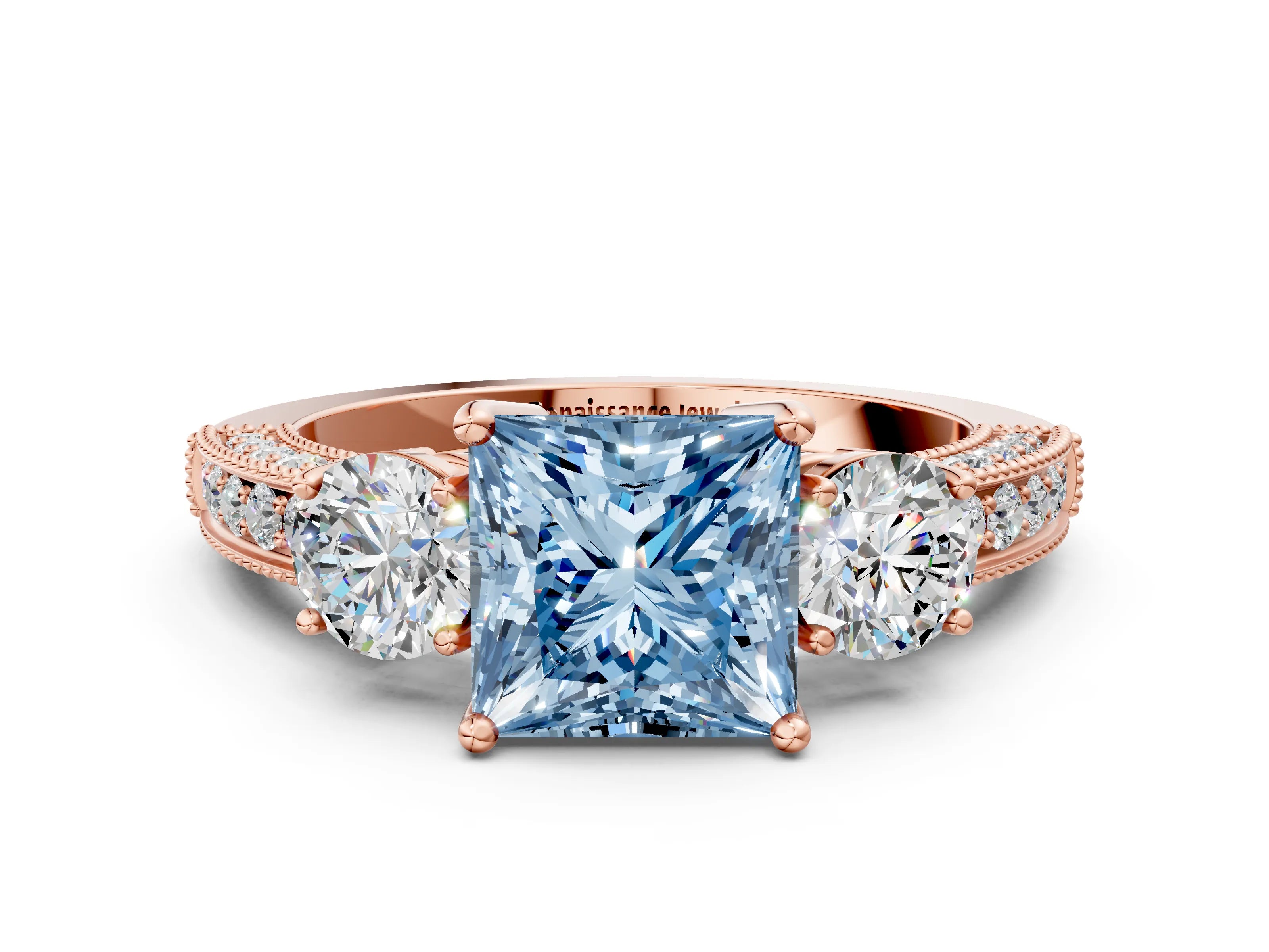 Rose gold Fancy Blue Princess Cut Three-Stone Diamond Ring with Pavé Band and Four-Prong Setting