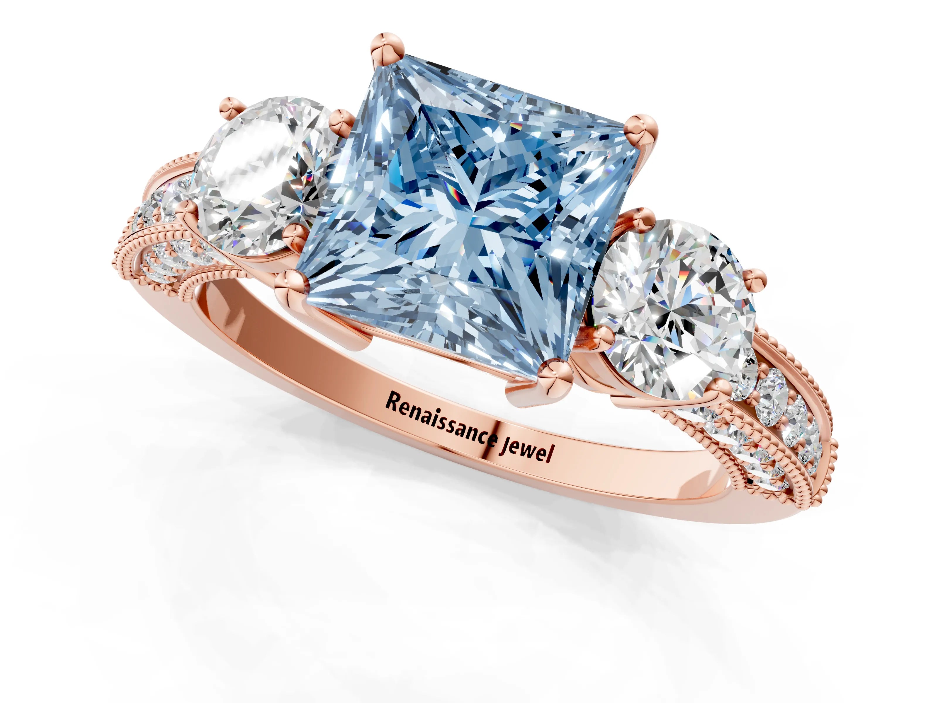 Rose gold Fancy Blue Princess Cut Three-Stone Diamond Ring with Pavé Band and Four-Prong Setting_1