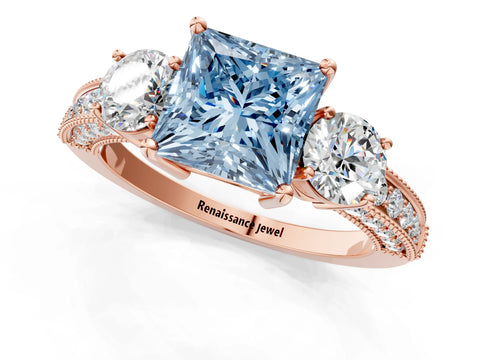 Rose gold Fancy Blue Princess Cut Three-Stone Diamond Ring with Pavé Band and Four-Prong Setting_1