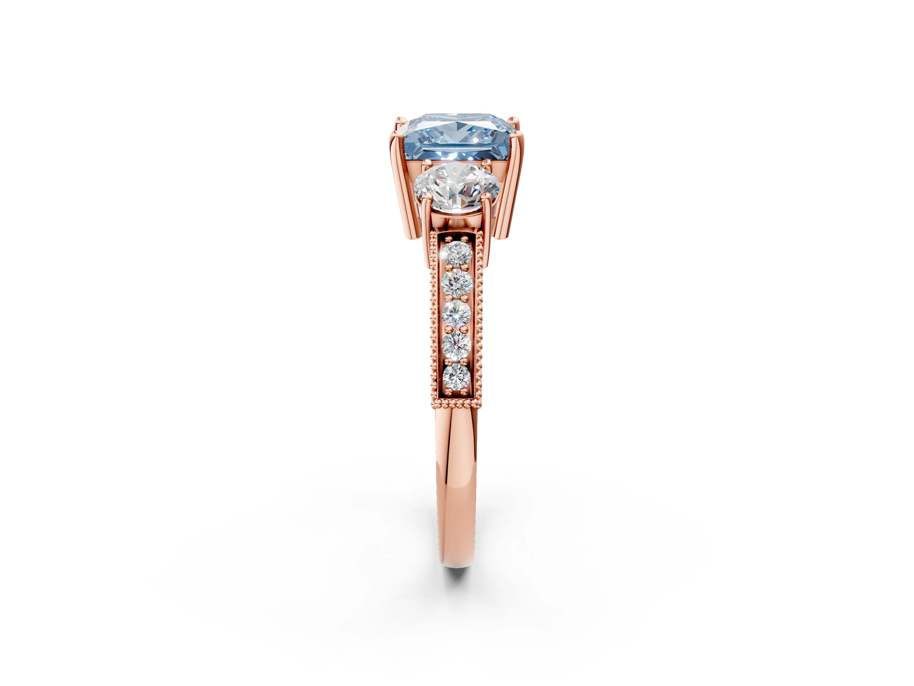Rose gold Fancy Blue Princess Cut Three-Stone Diamond Ring with Pavé Band and Four-Prong Setting_2