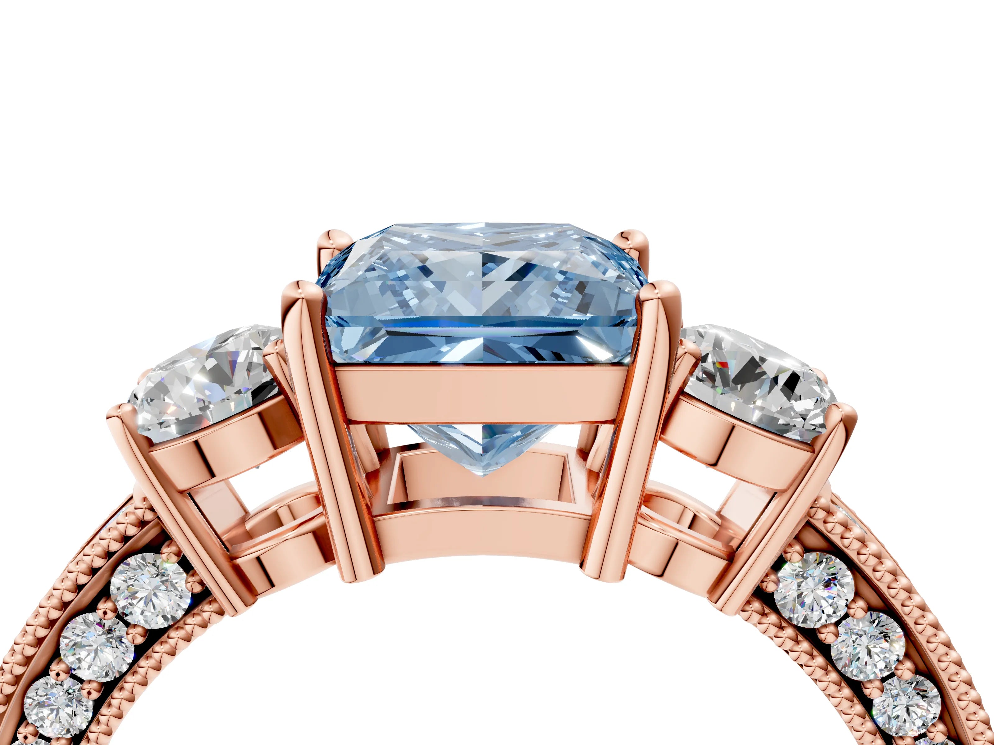Rose gold Fancy Blue Princess Cut Three-Stone Diamond Ring with Pavé Band and Four-Prong Setting_4