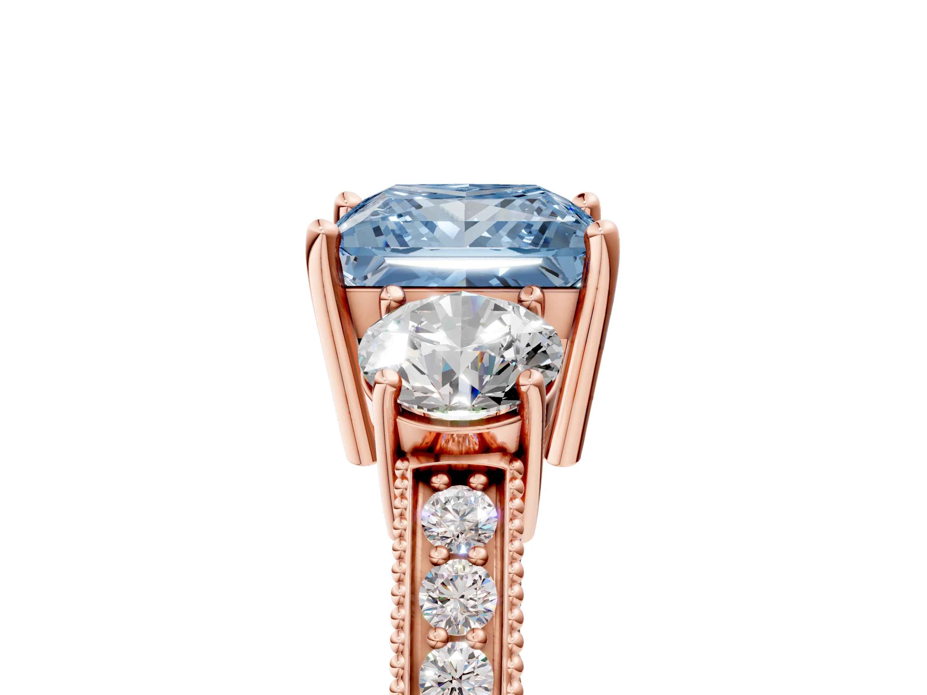 Rose gold Fancy Blue Princess Cut Three-Stone Diamond Ring with Pavé Band and Four-Prong Setting_5