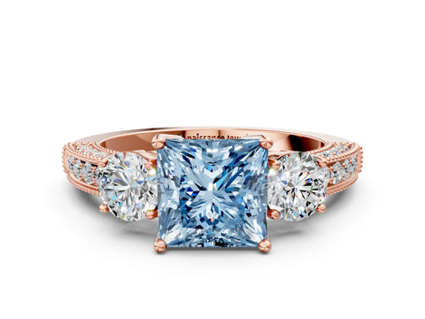 Rose gold Fancy Blue Princess Cut Three-Stone Diamond Ring with Pavé Band and Four-Prong Setting