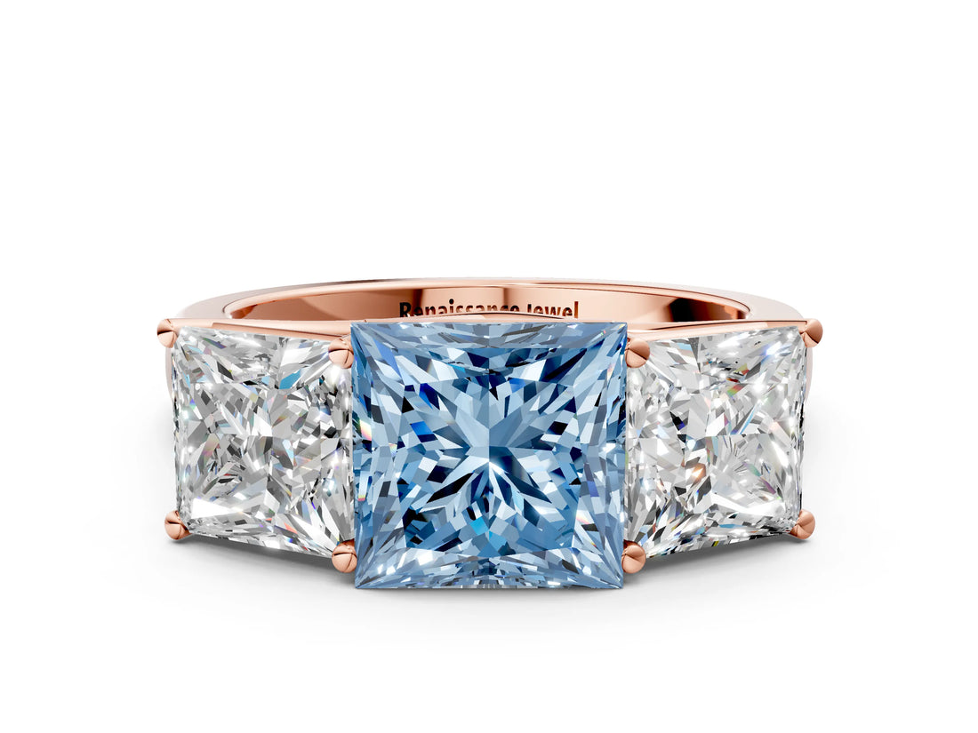 Rose gold Fancy Blue Princess Cut Three-Stone Diamond Ring with Prong Setting on a Classic Band_12