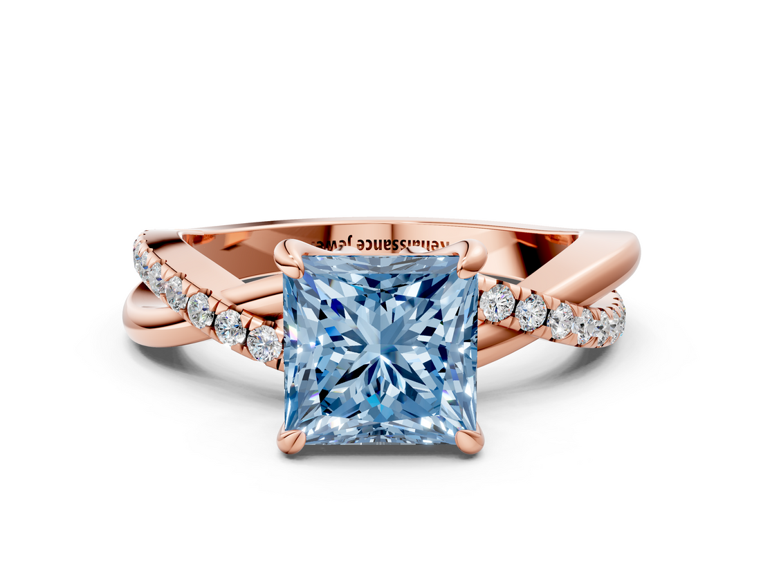 Rose gold Fancy Blue Princess  Cut Twist Band Solitaire Diamond Ring with Pavé Setting_3