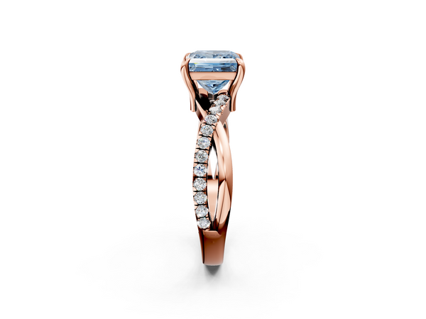 Rose gold Fancy Blue Princess  Cut Twist Band Solitaire Diamond Ring with Pavé Setting
