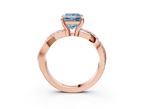 Rose gold Fancy Blue Princess  Cut Twist Band Solitaire Diamond Ring with Pavé Setting