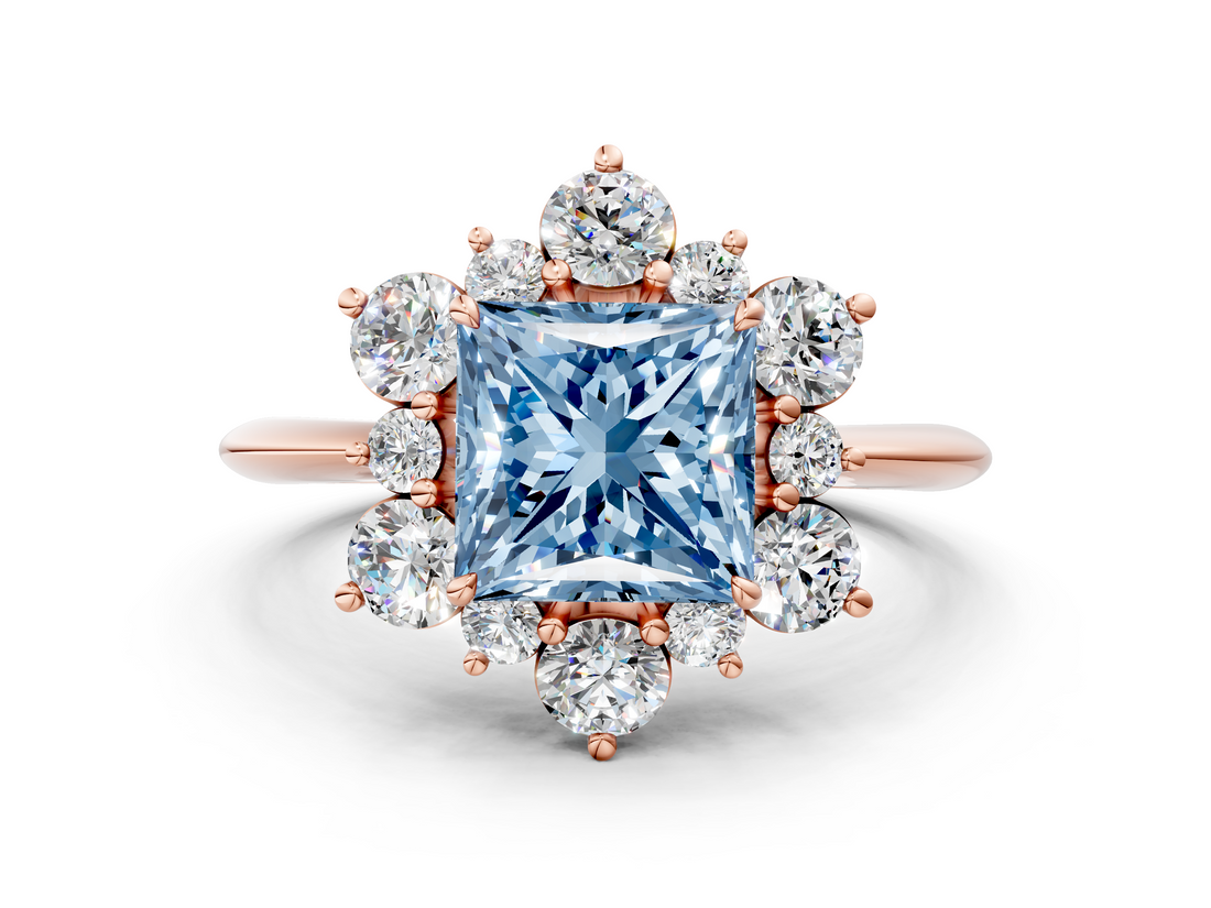 Rose gold Fancy Blue Princess  Diamond Cluster Halo Ring with Solitaire Band and Four-Prong Setting_20