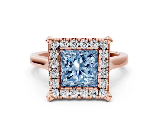 Rose gold Fancy Blue Princess  Diamond Cluster Halo Solitaire with Four-Prong Setting