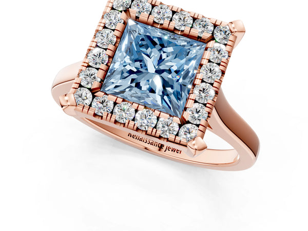 Rose gold Fancy Blue Princess  Diamond Cluster Halo Solitaire with Four-Prong Setting