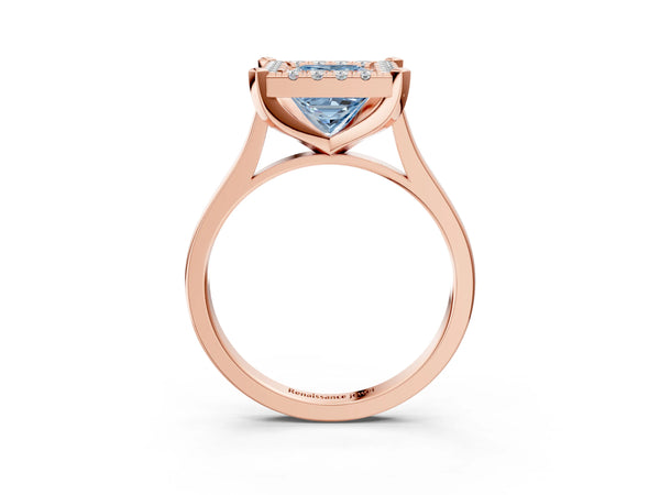 Rose gold Fancy Blue Princess  Diamond Cluster Halo Solitaire with Four-Prong Setting