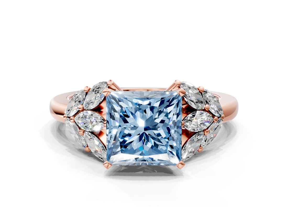 Rose gold Fancy Blue Princess  Diamond Cluster Leaf Design Ring with Prong Setting_71
