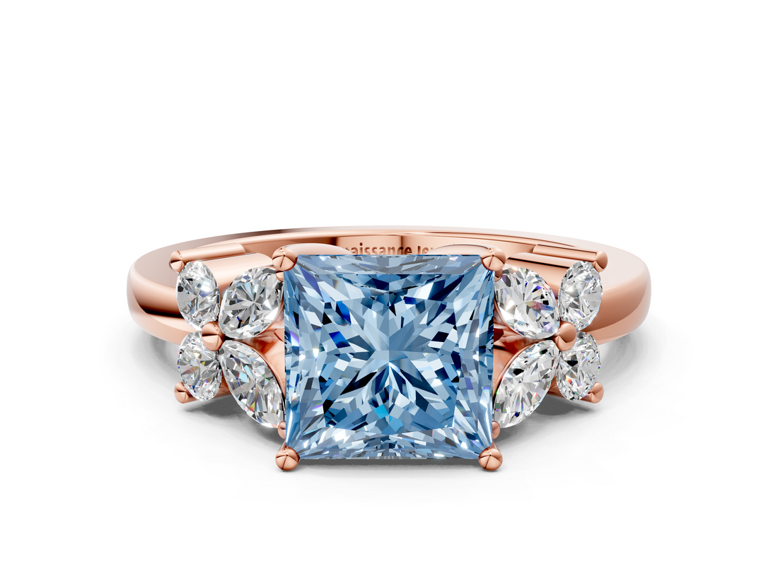 Rose gold Fancy Blue Princess  Diamond Floral Cluster Ring with Solitaire Band and Prong Setting_32