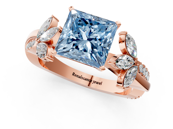 Rose gold Fancy Blue Princess  Diamond Floral Vine Solitaire Engagement Ring