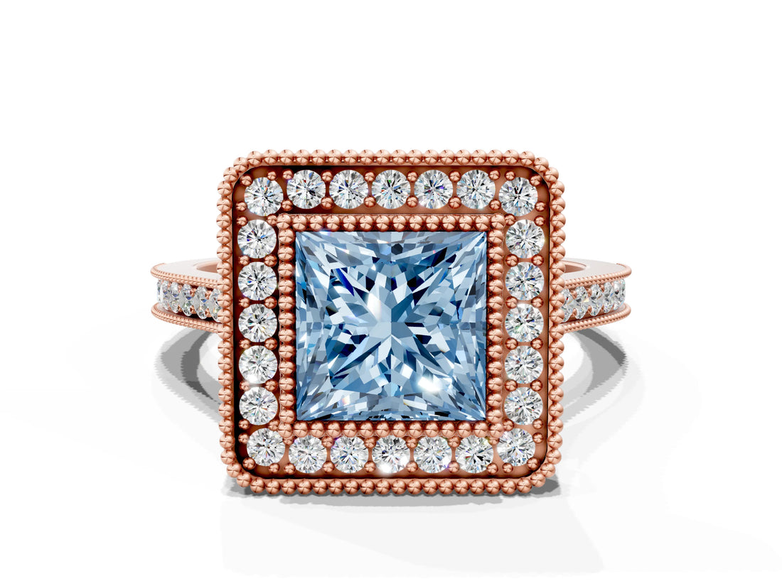 Rose gold Fancy Blue Princess  Diamond Halo Ring with Milgrain Frame and Pavé Band_53